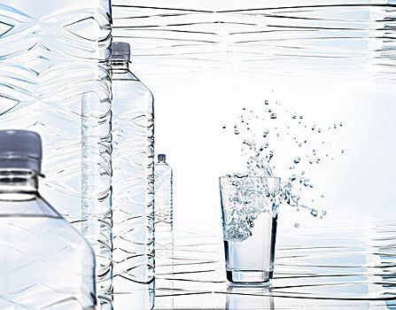 玻璃杯,瓶子,水,前景,玻璃器皿