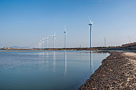 山东威海荣成环海公路海湾边的风力发电机群