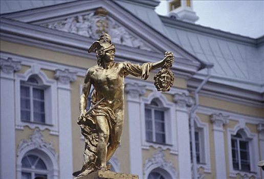 彼得夏宫,金色,雕塑,老式,英雄,神,彼得斯堡,俄罗斯