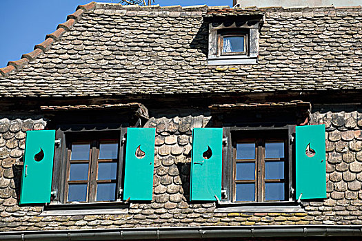 老,瓷砖,屋顶,绿色,窗户,中世纪,建筑,斯特拉斯堡,法国
