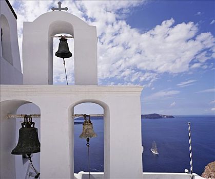 钟楼,帆船,锡拉岛,希腊
