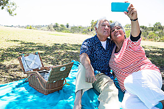 老年,夫妻,坐,野餐毯,自拍,智能手机