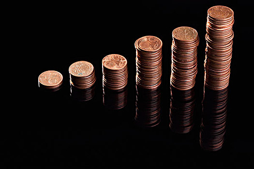 排,堆积,五个,分币,欧元,硬币,增加,尺寸