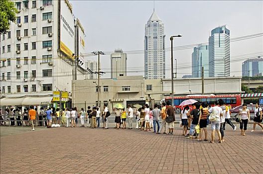 等待,队列,公交车站,上海,中国,亚洲