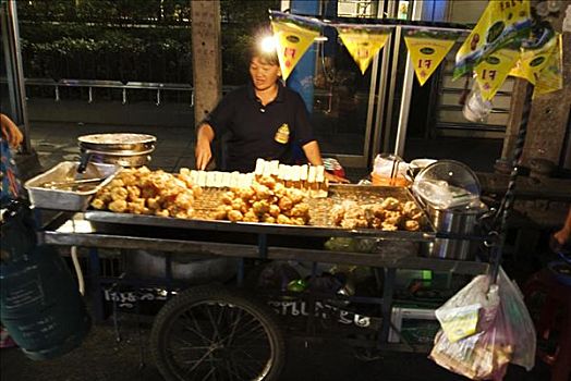泰国,曼谷,摊贩,烹调,销售,食物,手推车,街上