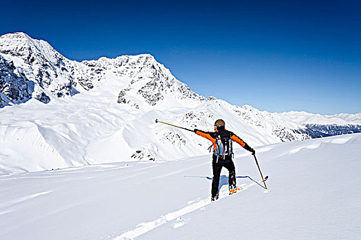越野滑雪者,向上,山,冬天,山峦,后面,意大利,欧洲