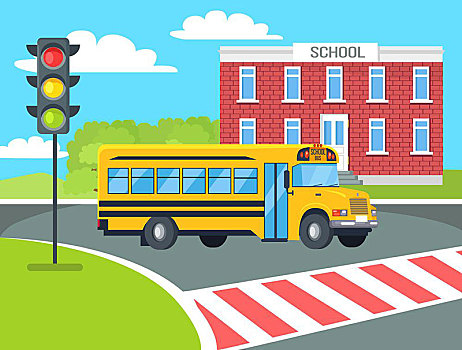 公交车站,行人,靠近,教学楼,黄色,红色,红绿灯,矢量,插画,运输,物品,教育