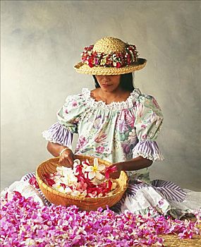女人,花,花环,夏威夷,衣服,草帽