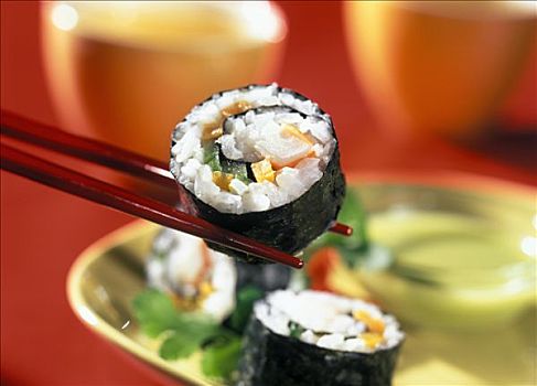 寿司卷,筷子,上方,盘子