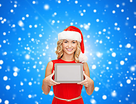 圣诞节,科技,礼物,人,概念,微笑,女人,圣诞老人,帽子,平板电脑,电脑,展示,留白,显示屏,上方,蓝色,背景