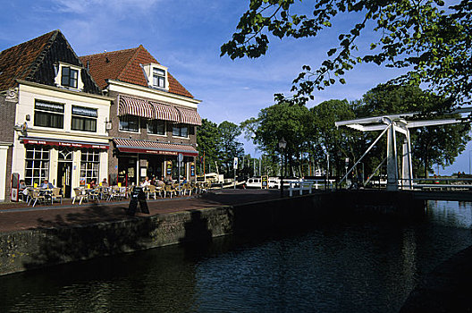 荷兰,运河,场景,开合式吊桥,街边咖啡厅