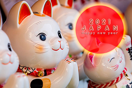 日本招财猫制成贺卡以红太阳作为符号,字幕,招财猫,金运来福