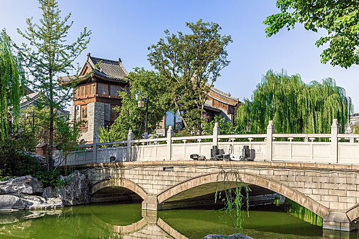 中国河南省洛阳市洛邑古城河畔复古建筑景观