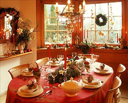 圣诞桌,花,安放,蜡烛