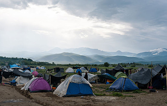 难民,露营,希腊,边远地区,马其顿,四月