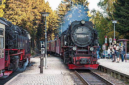 两个,布罗肯,铁路,蒸汽,火车,轨道,火车站,萨克森安哈尔特,德国,车站