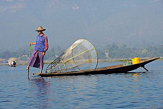 渔民,腿,划船,茵莱湖,掸邦,缅甸,亚洲