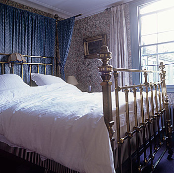 黄铜,床,蓝色,卧室,图案,壁纸