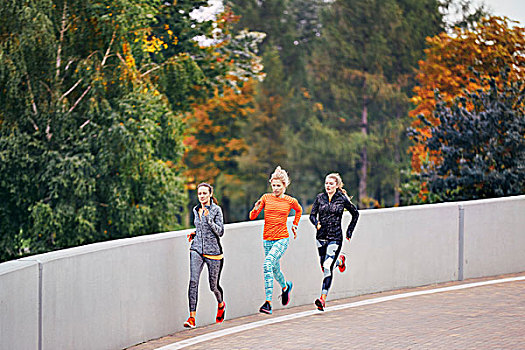 三个,女性,跑步,跑,公园,道路
