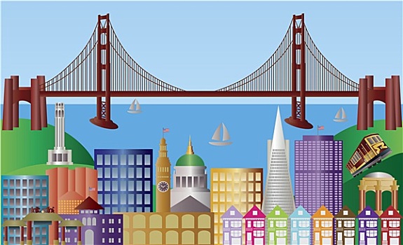 旧金山,城市天际线,全景,插画