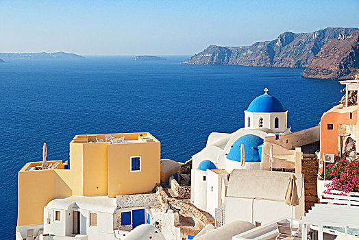 锡拉岛,天际线,蓝色,圆顶,教堂,建筑,希腊