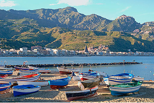 船,岸边,纳克索斯岛,西西里,意大利