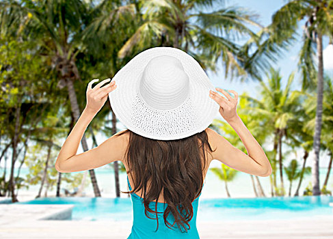 夏天,假日,概念,模特,泳衣,帽子