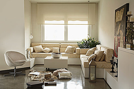 沙发,组合,米色,平台,窗户,百叶窗,复古,安乐椅,收集,多样,物品,擦亮,水泥地