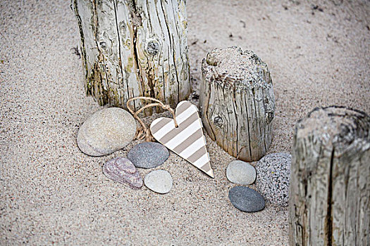 心形,标签,木质,杆,石头,海滩,象征,喜爱