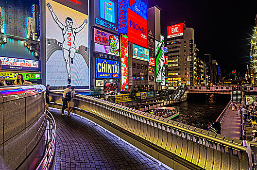 照亮,广告牌,运河,地区,大阪,日本,亚洲