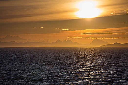 景色,日落,上方,山脉,冰河湾,冰河湾国家公园,东南阿拉斯加,夏天