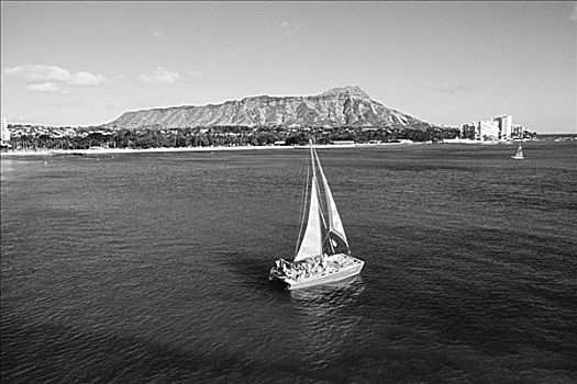 夏威夷,瓦胡岛,怀基基海滩,双体船,航行,过去,钻石海岬,黑白照片