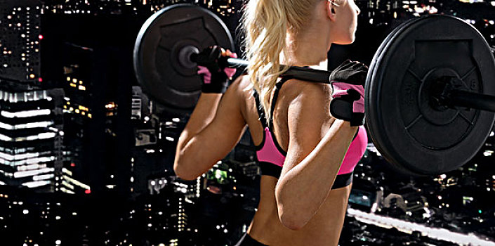 健身,运动,节食,概念,女人,练习,杠铃,背影