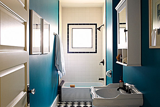 盥洗池,淋浴,蓝色,浴室