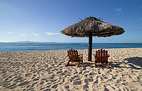沙滩椅,葵叶伞,海滩,卢阿岛,斐济群岛