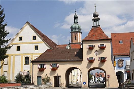 大门,门楼,中间,弗兰克尼亚,巴伐利亚,德国,欧洲