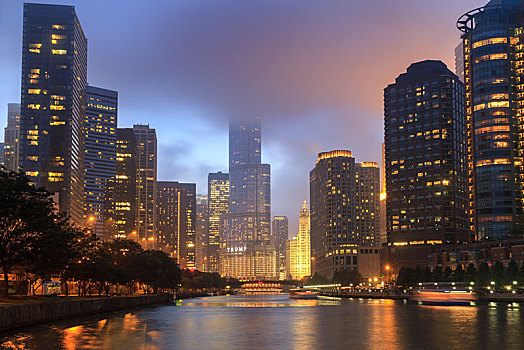 芝加哥河,塔,摩天大楼,黃昏,芝加哥,伊利诺斯,美国,北美