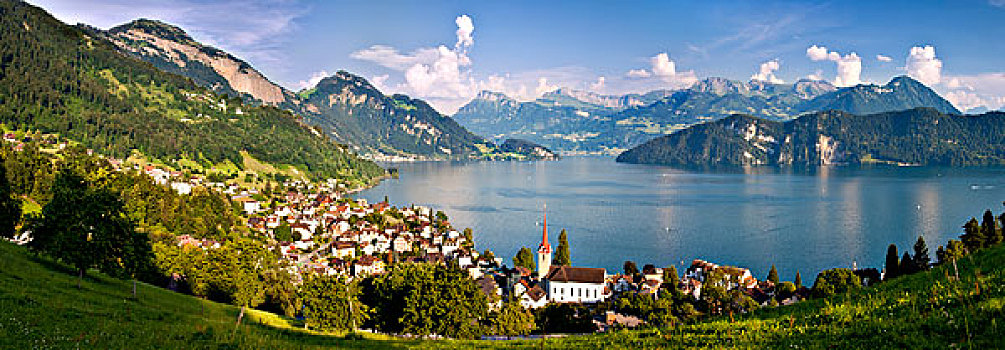 全景,上方,琉森湖,城镇,阿尔卑斯山,瑞士,大幅,尺寸