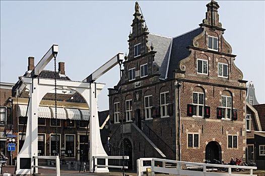 开合式吊桥,市政厅,17世纪,靠近,阿尔克马尔镇,省,北荷兰,荷兰,欧洲