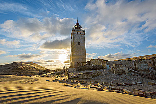 灯塔,沙丘,太阳,北方,日德兰半岛,丹麦