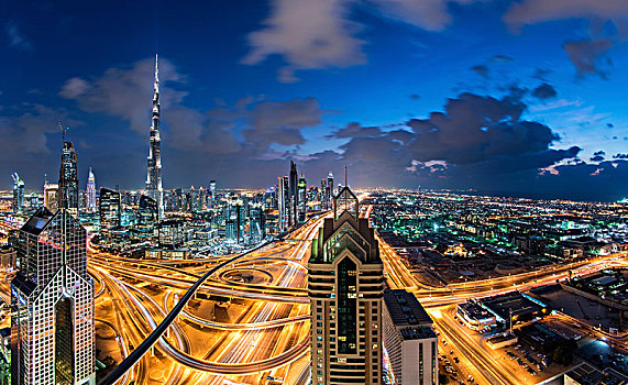 城市,迪拜,阿联酋,黄昏,哈利法,摩天大楼,光亮,公路,中心