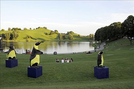 湖,雕塑,企鹅,奥林匹亚,公园,慕尼黑,巴伐利亚,德国,欧洲