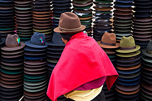 后视图,女人,戴着,褐色,帽子,鲜明,粉色,雨披,销售,传统,厄瓜多尔