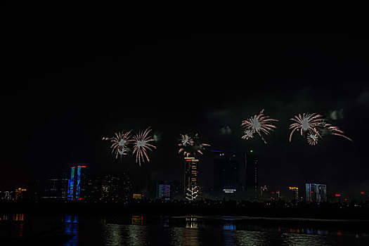 烟花,建筑群,河流,夜景,水,灯,节日