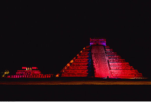 库库尔坎金字塔,寺庙,勇士,夜晚,奇琴伊察,墨西哥
