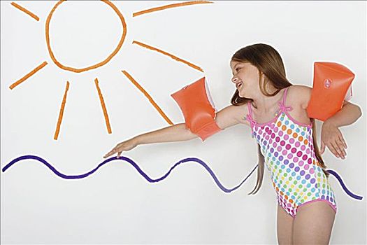 女孩,绘画,太阳,海洋