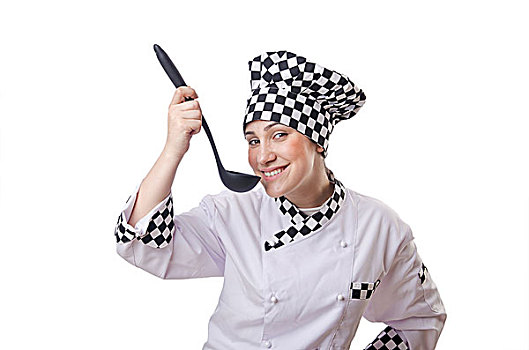 女人,烹饪,长柄勺,白色背景