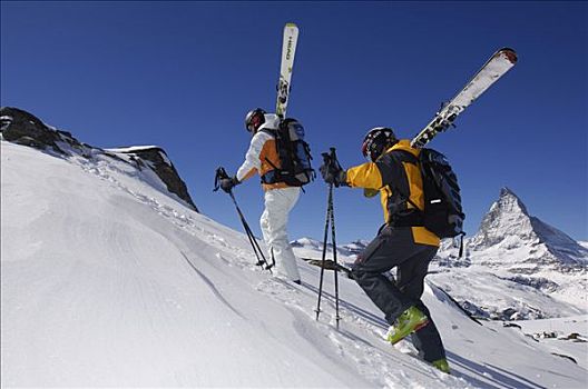 偏僻,滑雪者,远足,向上,山,正面,马塔角,策马特峰,瓦莱,沃利斯,瑞士,欧洲
