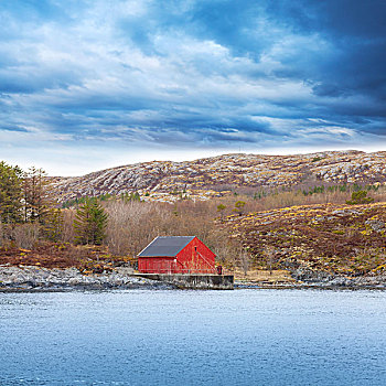 传统,挪威,红色,木船,谷仓,起重机,海岸
