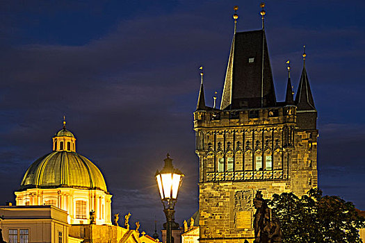 屋顶,教堂,旧城桥塔,布拉格,夜晚,捷克共和国
